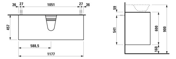 Laufen The New Classic Schubladenelement 118cm, Ausschnitt Mitte, zu H81685 2, techn. Zeichnung