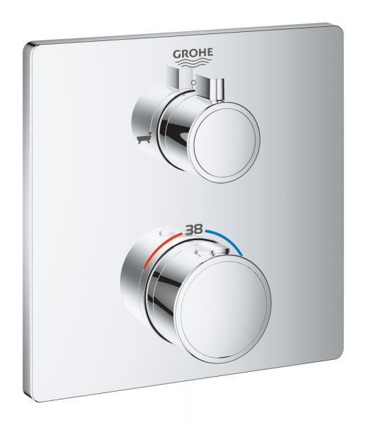 Grohe Grohtherm Thermostat-Wannenbatterie mit integrierter 2-Wege-Umstellung, Rosette eckig, chrom