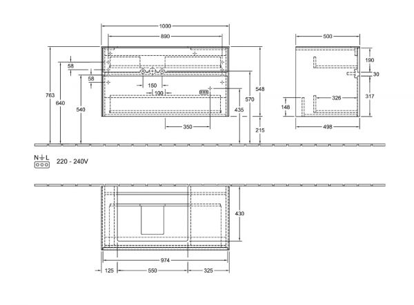 Villeroy&Boch Collaro Waschtischunterschrank 100cm links, für Aufsatzwaschtisch 4A336G, 2 Auszüge