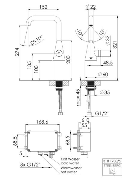 Steinberg Serie 310 iconic elektronische Waschtisch-Armatur XL-Size ohne Ablaufgarnitur