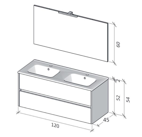 RIHO Porto Square Doppelwaschtisch mit Unterschrank 120cm & Spiegel mit LED Beleuchtung F014070DP0