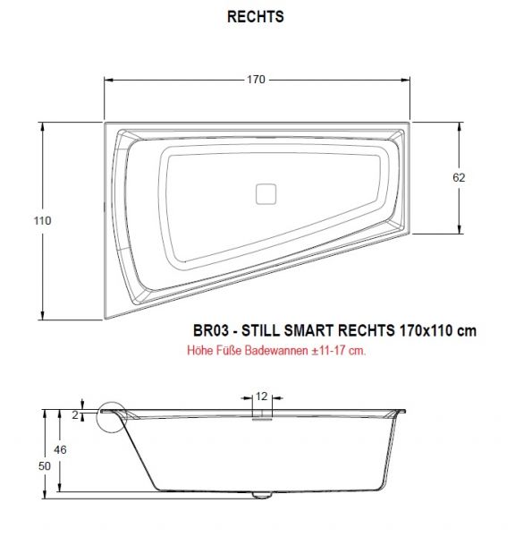 RIHO Still Smart Raumsparwanne 170x110cm mit LED-Beleuchtung und Kopfstütze, weiß