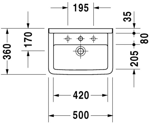 Duravit Starck 3 Waschtisch rechteckig 50x36cm, mit 1 Hahnloch, mit Überlauf, weiß 0300500000