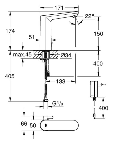 Grohe Eurosmart Cosmopolitan E Infrarot-Elektronik für Waschtisch L-Size, Netzbetrieb, chrom