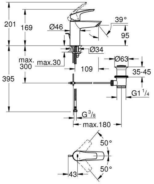 Grohe Eurosmart Einhand-Waschtischbatterie S-Size, mit Hybrid-Zugstangen-Ablaufgarnitur, chrom