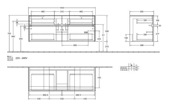 FJQ7OE5HLK4NVilleroy&Boch Collaro Waschtischunterschrank passend zu Aufsatzwaschtisch 4A336G, 4 Auszüge, 140cm, techn. Zeichnung