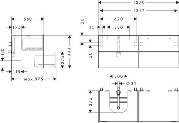 Hansgrohe Xevolos E Unterschrank 137cm für Aufsatzwaschtisch links mit Konsole, 4 Schubkästen