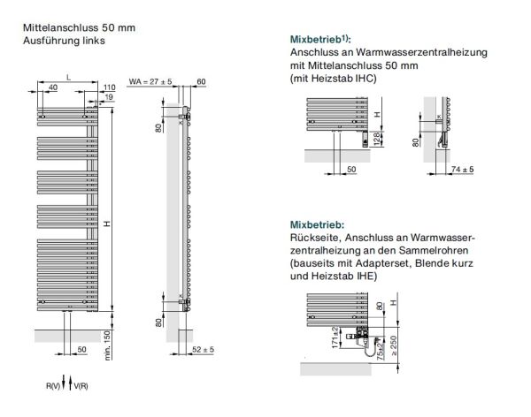 Zehnder Forma Asym Design-Badheizkörper, links, LFAL-120-060-05, Mittelanschluss, weiß