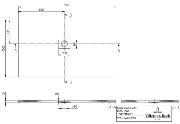 Villeroy&Boch Squaro Infinity Quaryl®-Duschwanne, Eckeinbau links gegen Wand, 170x100cm