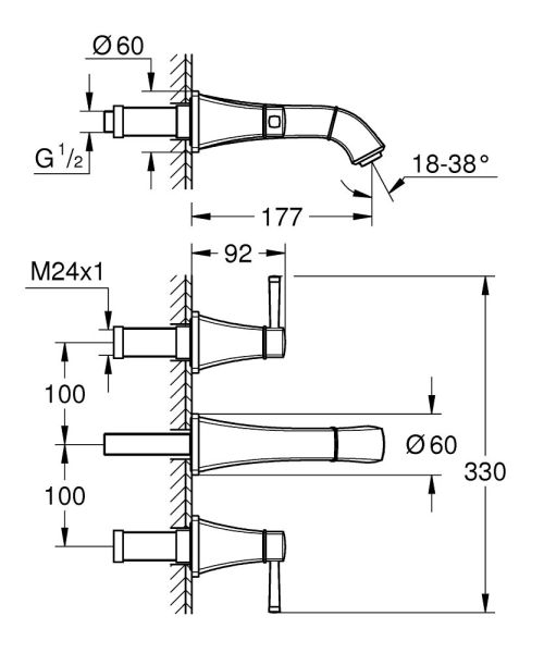 Grohe Grandera 3-Loch-Waschtisch-Wandbatterie, Ausladung 177mm