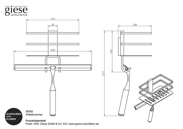 Giese Piano Duschkorb mit Haken und Glasabzieher zum Kleben oder Schrauben, abnehmbar, schwarz matt