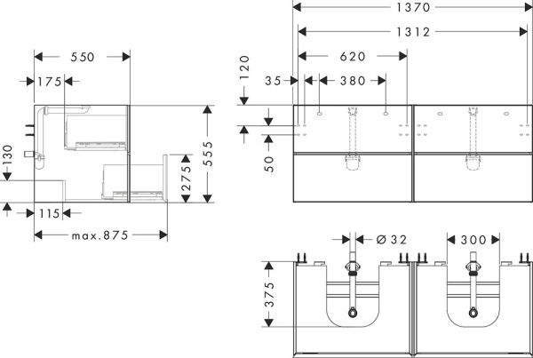 Hansgrohe Xevolos E Waschtischunterschrank 137cm für 2 Aufsatzwaschtischen und Konsole, 4 Schubkäste