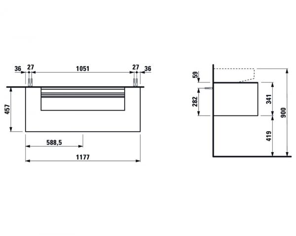 Laufen Sonar Schubladenelement mit 1 Auszug für Aufsatz Doppelwaschtisch, Breite 117,5cm H4054610341421_1
