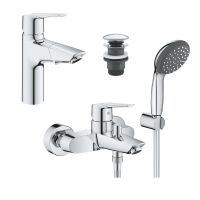 Grohe Start Waschtischarmatur M-Size & Quick-Fix Wannenarmatur mit Vitalio Brausegarnitur, chrom