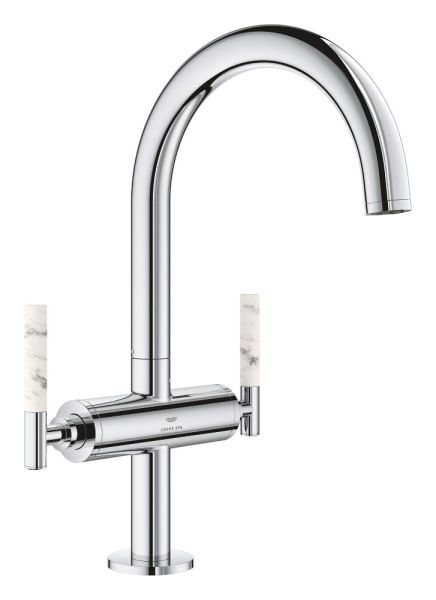 Grohe Atrio 2-Griff-Waschtischarmatur L-Size mit Push-Open mit Atrio Hebelgriffe aus White Attica Caesarstone 48458000, 21134000