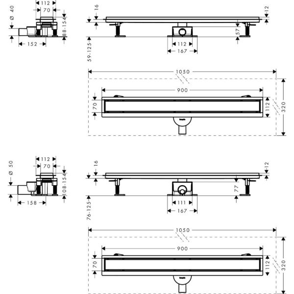 RainDrain Go Komplettset Duschrinne 90cm befliesbar für Standard-flache Installation, edelstahl gebürstet 56274800