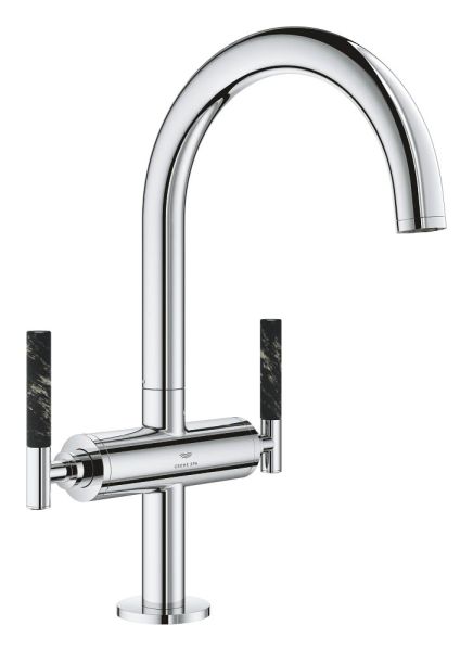 Grohe Atrio 2-Griff-Waschtischarmatur L-Size mit Push-Open mit Atrio Hebelgriffe aus Vanilla Noir Caesarstone 48459000, 21134000