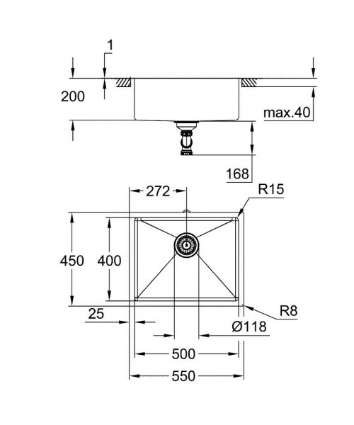 Grohe K700U Küchenspüle aus Edelstahl 55x45cm, cool sunrise gebürstet 31574GN1 Zeichnung