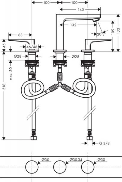 Hansgrohe Metropol 3-Loch Waschtischarmatur 110 mit Bügelgriffen und Push-Open Ablaufgarnitur, chrom