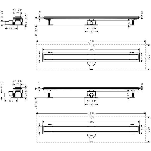 RainDrain Go Komplettset Duschrinne 120cm befliesbar für Standard-/flache Installation, edelstahl gebürstet 56276800