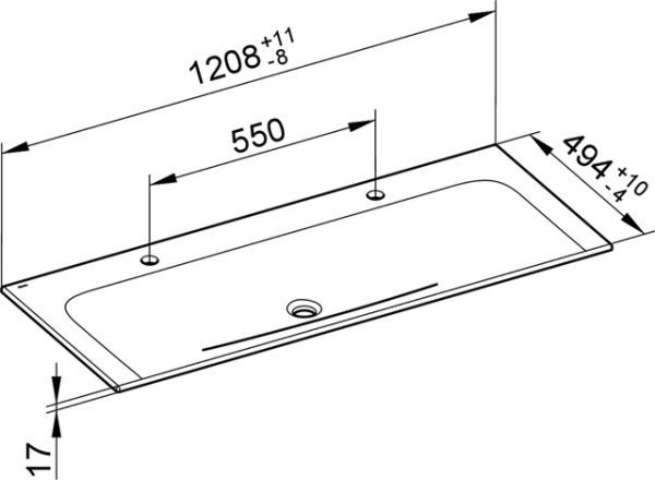 Keuco X-Line Keramik-Waschtisch mit 2x1 Hahnloch, 120,8x1,7x49,4cm 33180311202