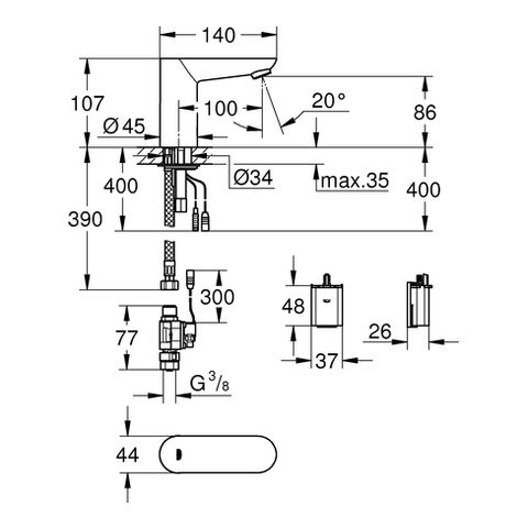 Grohe Euroeco CE Infrarot-Elektronik für Waschtisch, ohne Mischung, Batteriebetrieb 6V, chrom