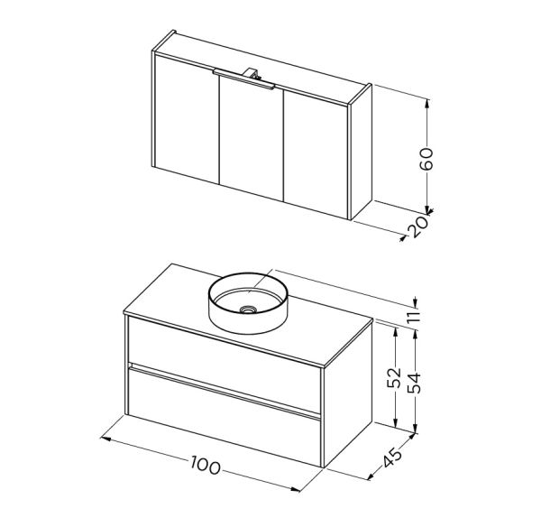 RIHO Porto Bowl Aufsatzwaschtisch mit Unterschrank 100cm & Spiegelschrank mit LED Beleuchtung, weiß glanz F014131DP0