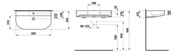 Laufen Sonar Waschtisch unterbaufähig, 80x42cm, H8103444001421 weiß techn. Zeichnung