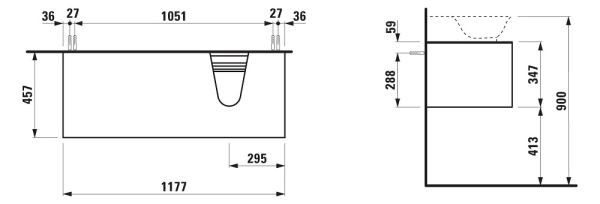 Laufen The New Classic Schubladenelement 118cm, 1 Schublade, Ausschnitt rechts, zu H81685 2 techn. Zeichnung